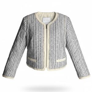 ADAM LIPPES Quilted Tweed Fringe Cropped Blazer Jacket Size 4 Striped Blue White